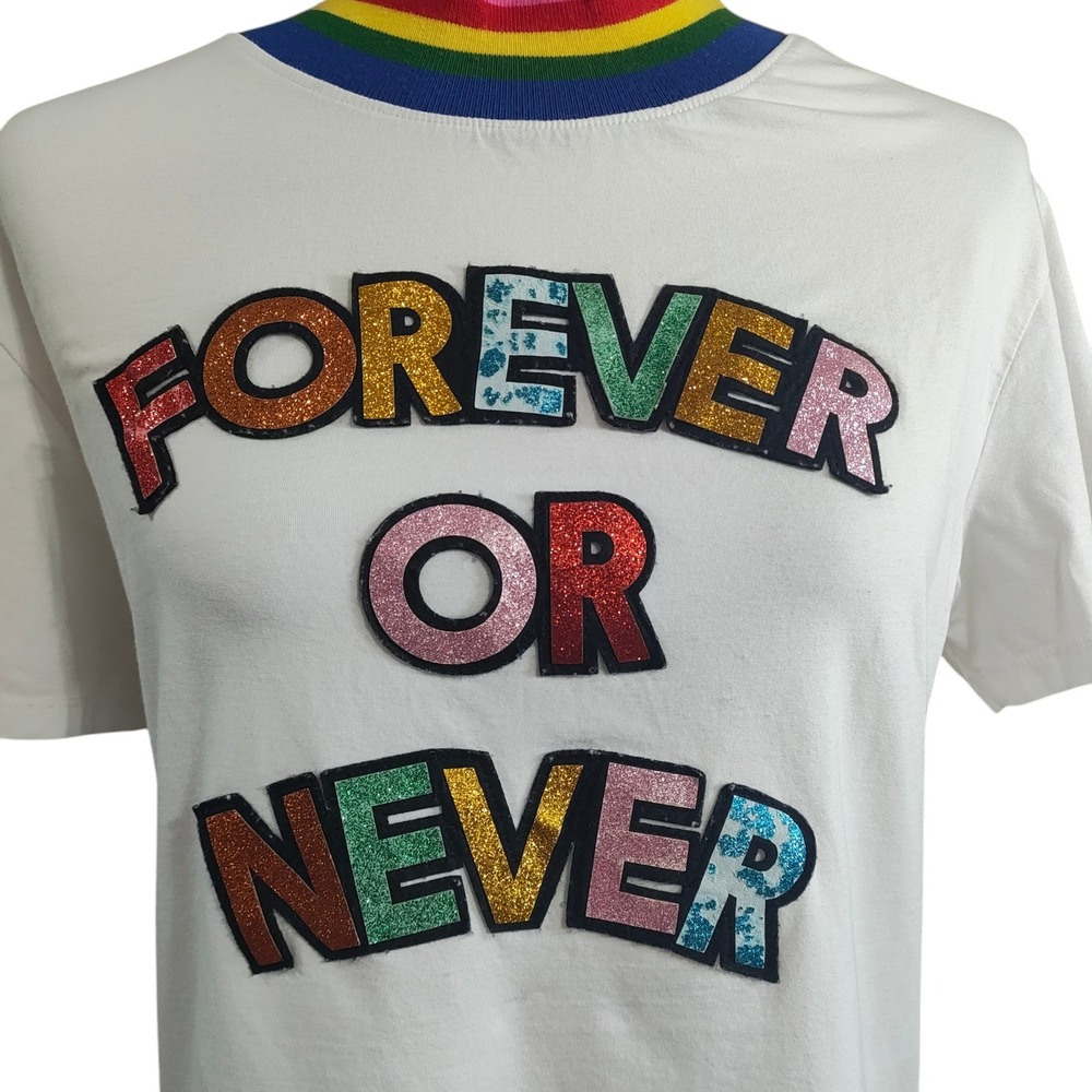 Mira Mikati Forever Or Never Rainbow Mock Neck Glitter Graphic Tee Shirt White 6 - Picture 4 of 8